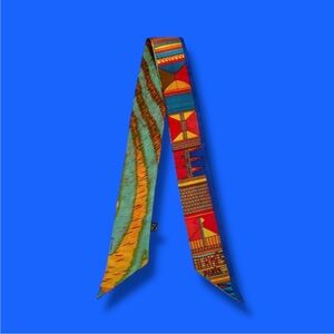 💕HERMES 100% Silk Twilly Ribbon Scarf • Vibrant Multicolor Blue Red Green Orange